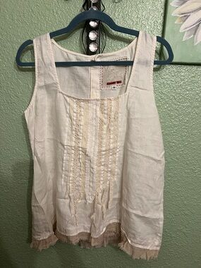 Johnny Was Cream Linen Embroidered Tank with Braided Detail